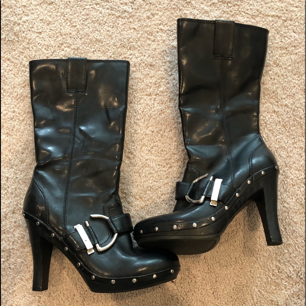 Black with silver studs and buckle boots.